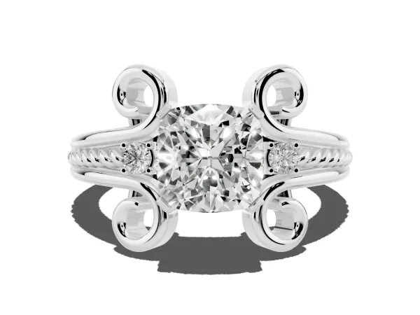 Cushion Cut Solitaire Twisted Band Scroll Prong Ring Platinum