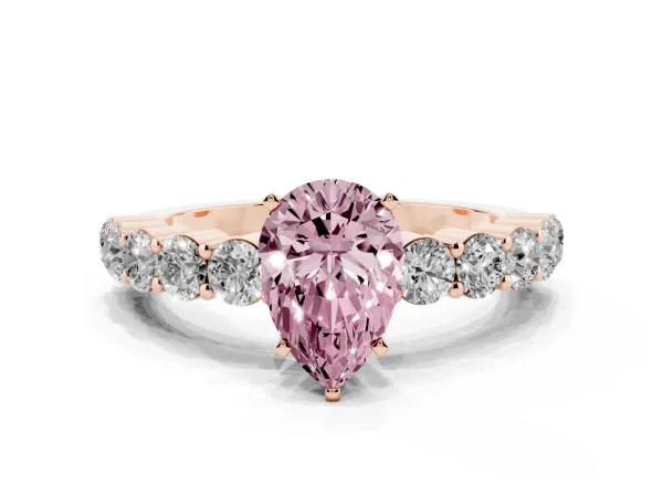 Fancy Pink Pear Cut Diamond Solitaire Ring with Shared Prong Round Side Stones Rose gold