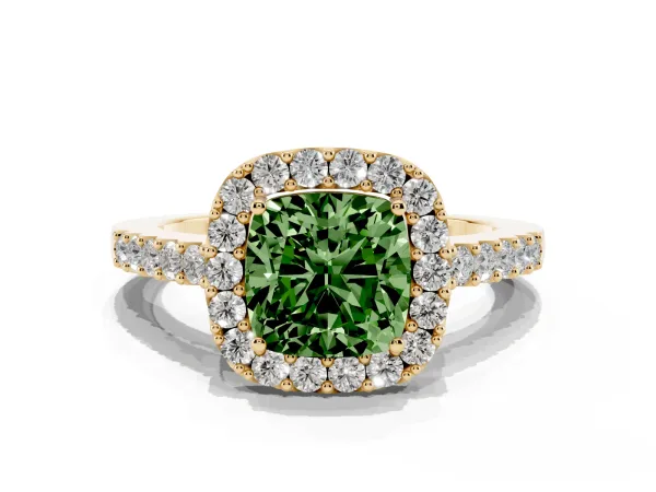 Fancy Green Cushion Cut Halo Diamond Pavé Solitaire Ring Yellow gold