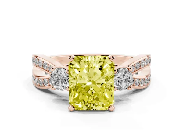 Fancy Yellow Three-Stone Radiant Cut Cut Diamond Twist Band with Prong Setting Rose gold
