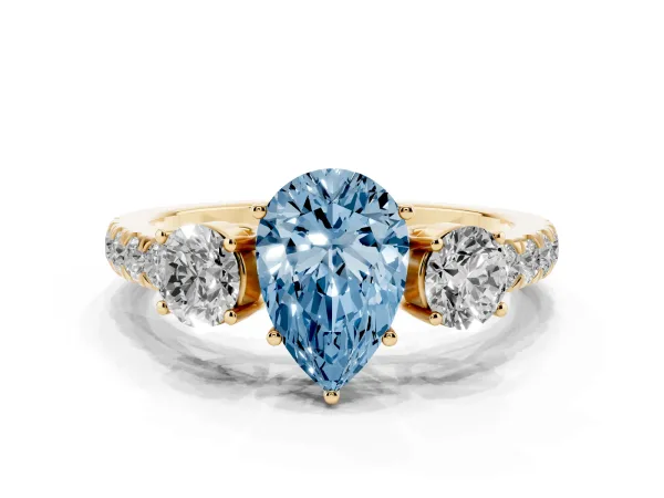 Fancy Blue Pear Cut Cut Diamond Three-Stone Ring with Round Side Stones and Pavé Band Yellow gold