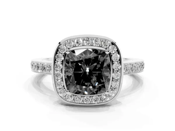 Fancy Black Cushion Cut Diamond Halo Ring with Bezel Frame and Pavé Band White gold