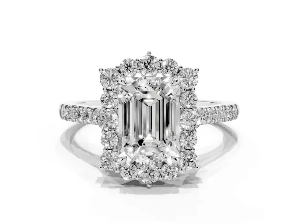 Emerald Cut Halo Diamond Ring with Pavé Band and Prong Setting Platinum