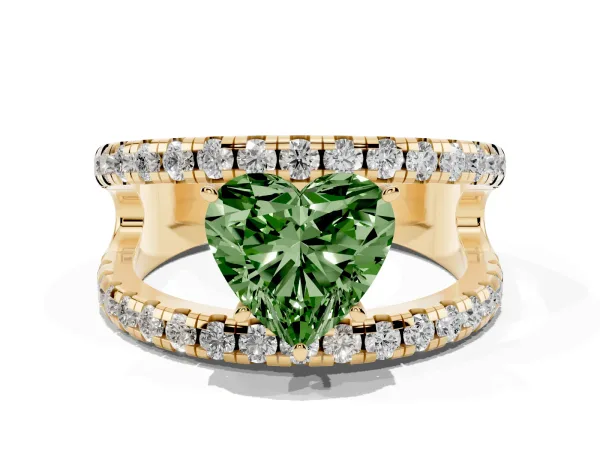 Fancy Green Heart Cut Solitaire Split Shank Pave Diamond Ring Yellow gold
