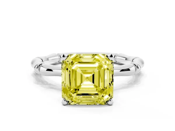 Fancy Yellow Asscher Cut Solitaire Diamond Ring with Bamboo Band and Four-Prong Setting White gold