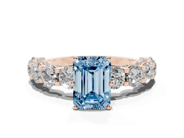 Fancy Blue Emerald Cut Diamond Side Stone Engagement Ring with Four-Prong Setting Rose gold