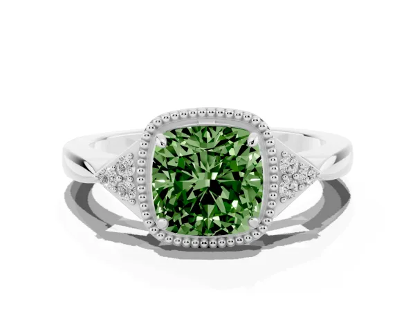 Fancy Green Cushion Cut Diamond Halo Ring with Tapered Band and Four-Prong Setting White gold
