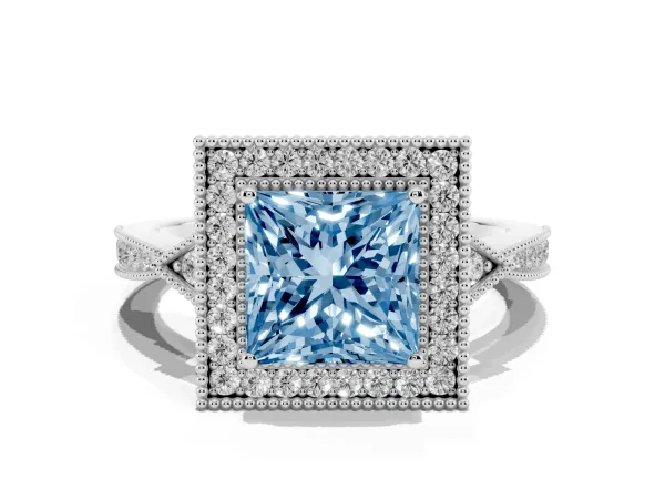 Fancy Blue Princess Cut Halo Round Diamond Milgrain Pave Engagement Ring Platinum