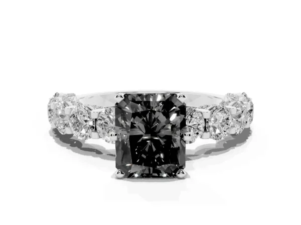 Fancy Black Radiant Cut Diamond Side Stone Engagement Ring with Four-Prong Setting Platinum