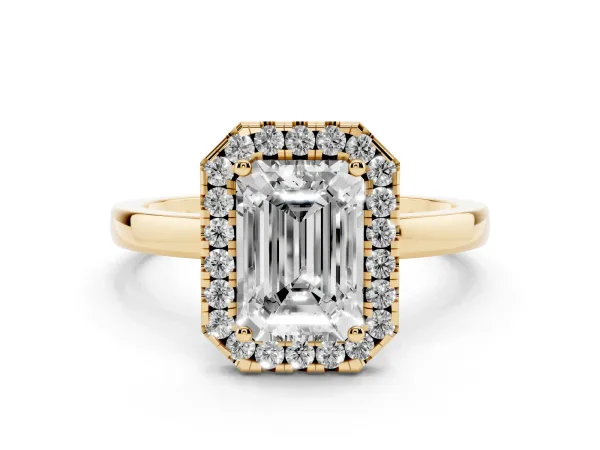 Emerald Cut Halo Diamond Solitaire with Pavé Band and Four-Prong Setting Yellow gold