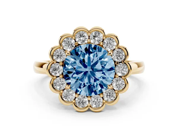 Fancy Blue Round Cut Halo Cluster Diamond Engagement Ring with Solitaire Band and Prong Setting Yellow gold
