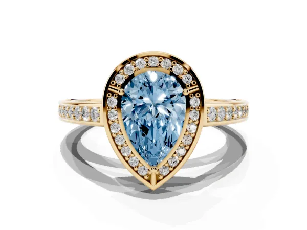 Fancy Blue Pear Cut Cut Halo Pave Split Shank Prong Setting Ring Yellow gold