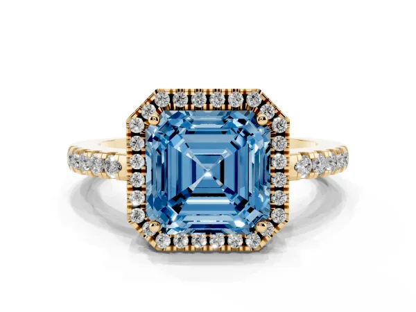 Fancy Blue Asscher Cut Halo Diamond Engagement Ring with Pavé Band and Four-Prong Setting Yellow gold