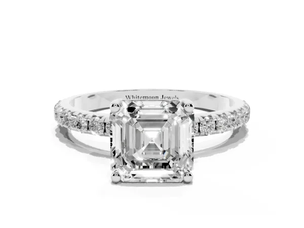 Asscher Cut Cut Diamond Solitaire Ring with Micro Pave Band and Four Prong Setting White gold
