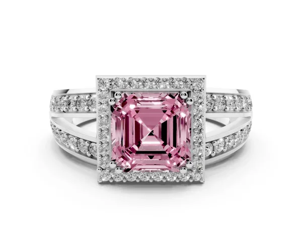 Fancy Pink Asscher Cut Diamond Halo Ring with Split Shank Pavé Band and Four-Prong Setting Platinum