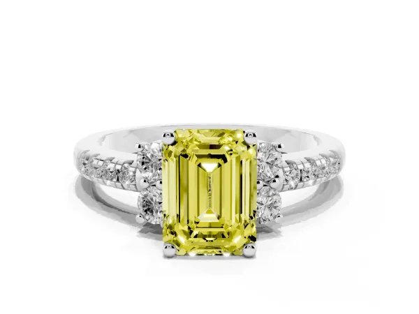 Fancy Yellow Emerald Cut Diamond Three-Stone Pave Band with Four-Prong Setting Platinum