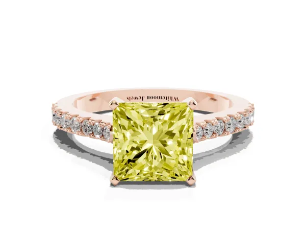 Fancy Yellow Princess Cut Cut Solitaire Diamond Engagement Ring with Pave Band and Four-Prong Setting Rose gold