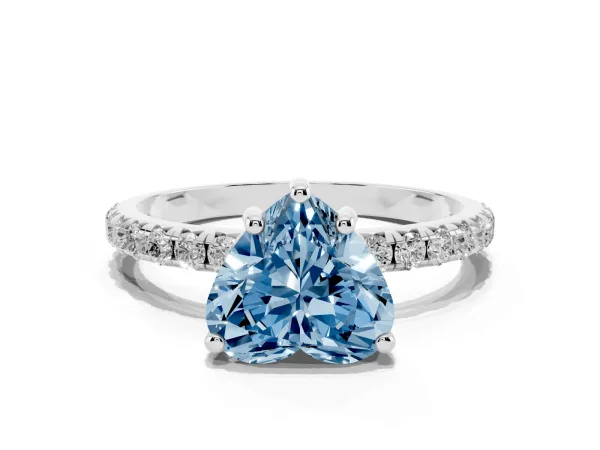 Fancy Blue Heart Cut Cut Diamond Solitaire Ring with Micro Pave Band and Four Prong Setting White gold
