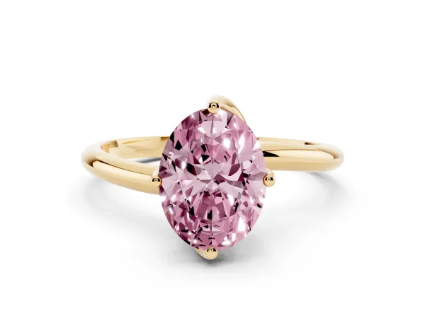 Fancy Pink Oval Cut Diamond Solitaire Engagement Ring with Four-Prong Setting and Classic Band Yellow gold