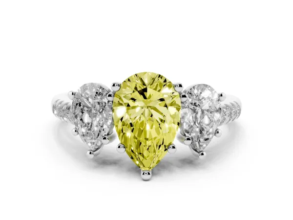 Fancy Yellow Three-Stone Pear Cut Diamond Ring with Round Pavé Band and Prong Setting Platinum