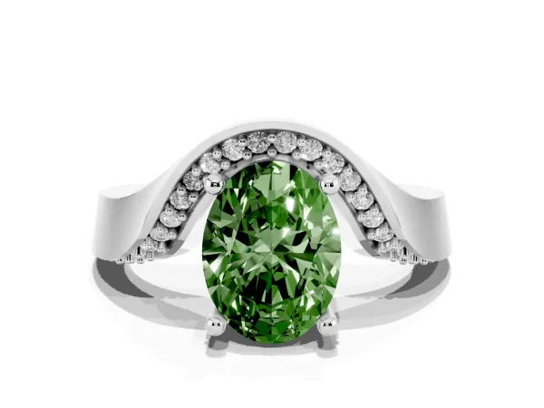 Fancy Green Oval Cut Solitaire Diamond Engagement Ring with Pave Band and Four-Prong Setting White gold