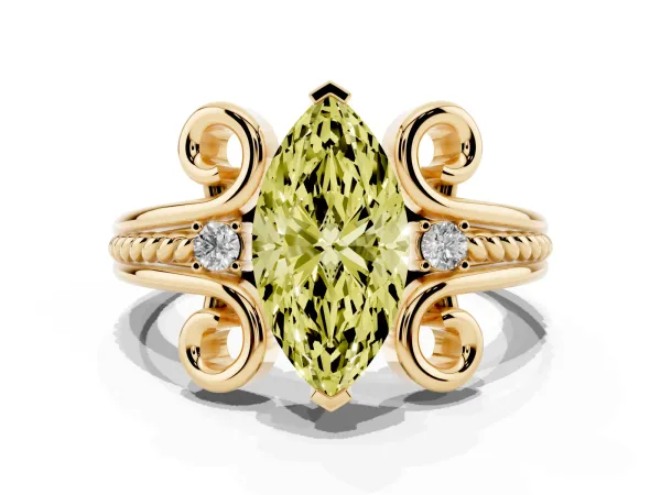 Fancy Yellow Marquise Cut Solitaire Twisted Band Scroll Prong Ring Yellow gold