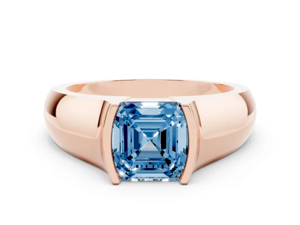 Fancy Blue Asscher Cut Solitaire Bezel Set Diamond Ring with Wide Band Rose gold