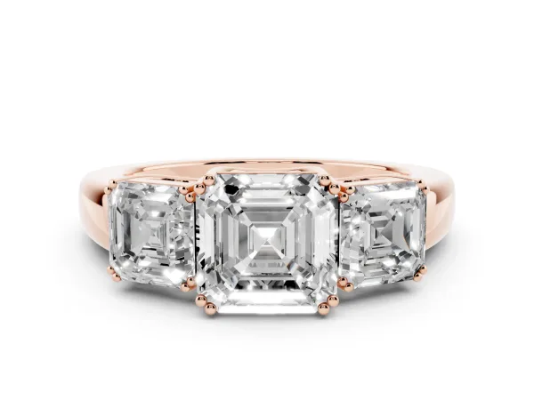Three-Stone Asscher Cut Cut Diamond Ring with Channel Set Band and Four-Prong Setting Rose gold