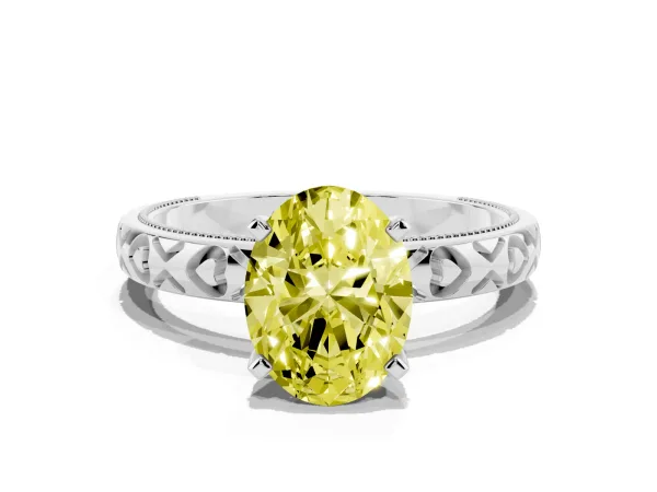Fancy Yellow Oval Cut Solitaire Diamond Engagement Ring with XO Engraved Band and Four-Prong Setting White gold