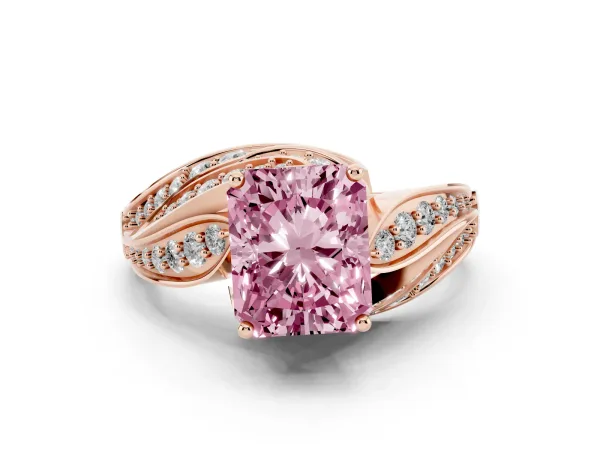 Fancy Pink Radiant Cut Diamond Solitaire Ring with Prong Setting and Twisted Pavé Band Rose gold