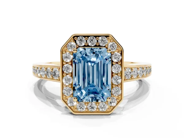 Fancy Blue Emerald Cut Halo Pavé Diamond Engagement Ring with Bezel Setting Yellow gold
