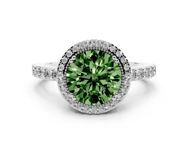 Fancy Green Round Cut Cut Diamond Halo Engagement Ring with Milgrain Detail and Pavé Band Platinum