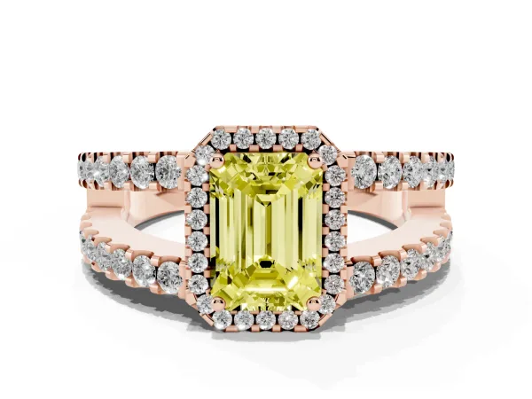 Fancy Yellow Emerald Cut Cut Halo Split Shank Diamond Ring with Four-Prong Setting Rose gold