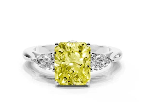 Fancy Yellow Radiant Cut Diamond Three-Stone Ring with Pear Side Stones and Prong Setting White gold