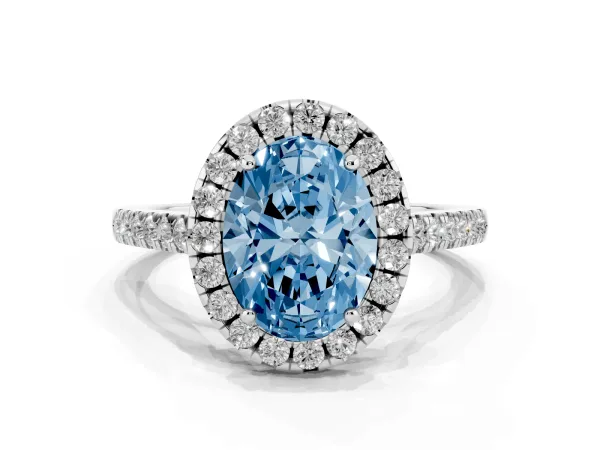 Fancy Blue Oval Cut Halo Pavé Diamond Engagement Ring with Four-Prong Setting Platinum