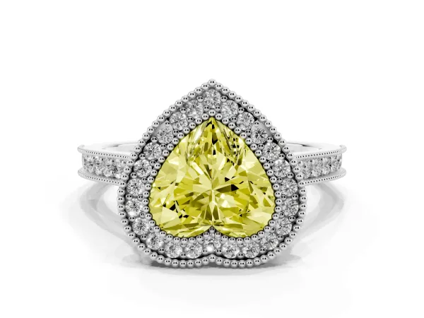 Fancy Yellow Halo Heart Cut-Cut Diamond Pave Band Milgrain Prong Setting Ring Platinum