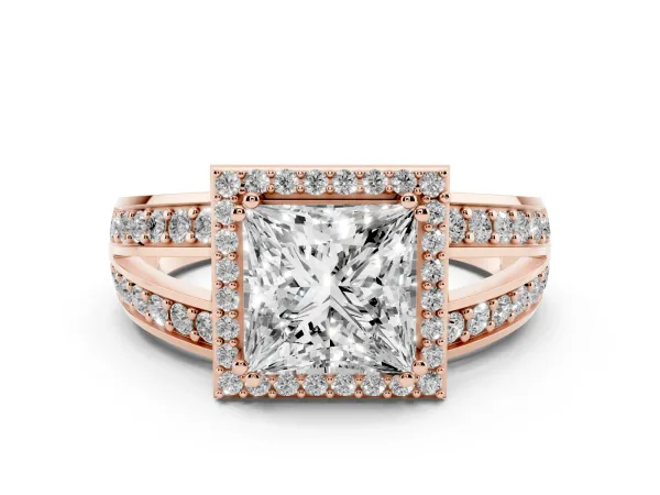 Princess Cut Diamond Halo Ring with Split Shank Pavé Band and Four-Prong Setting Rose gold
