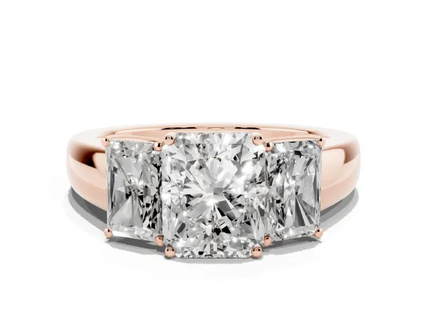 Three-Stone Radiant Cut Cut Diamond Ring with Prong Setting and Classic Band Rose gold