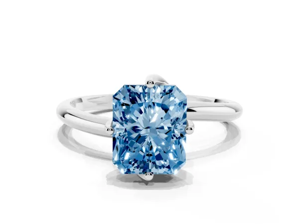 Fancy Blue Radiant Cut Diamond Solitaire Engagement Ring with Four-Prong Setting and Classic Band Platinum
