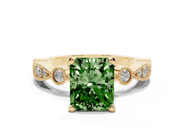 Fancy Green Radiant Cut Milgrain Bezel Diamond Engagement Ring with Solitaire Prong Setting Yellow gold