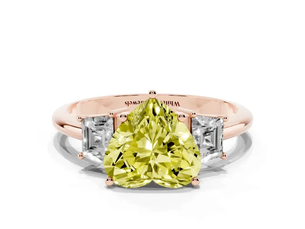 Fancy Yellow Heart Cut Diamond Three-Stone Ring with Trapezoid Side Stones and Prong Setting Rose gold