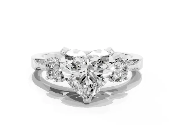 Heart Cut Brilliant Three-Stone Diamond Ring with Pavé Band and Four-Prong Setting Platinum