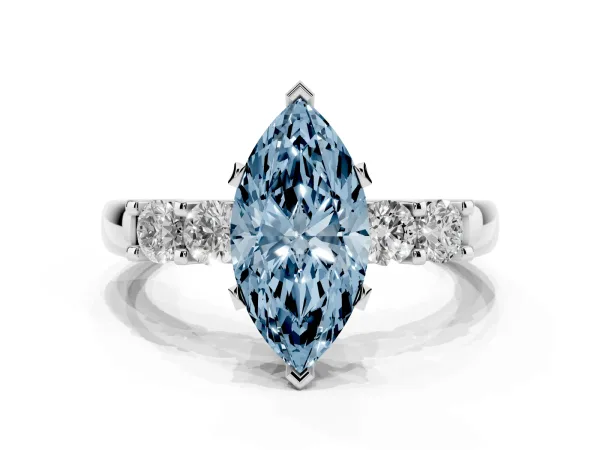 Fancy Blue Marquise Cut Brilliant Cut Diamond Five-Stone Prong Set Engagement Ring with Channel Band White gold