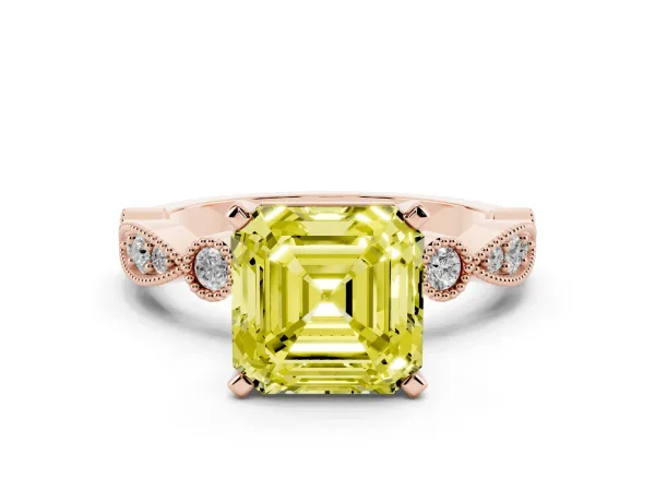 Fancy Yellow Asscher Cut Milgrain Bezel Diamond Engagement Ring with Solitaire Prong Setting Rose gold