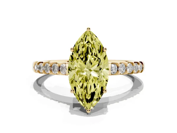 Fancy Yellow Marquise Cut Solitaire Diamond Engagement Ring with Pavé Band and Six-Prong Setting Yellow gold
