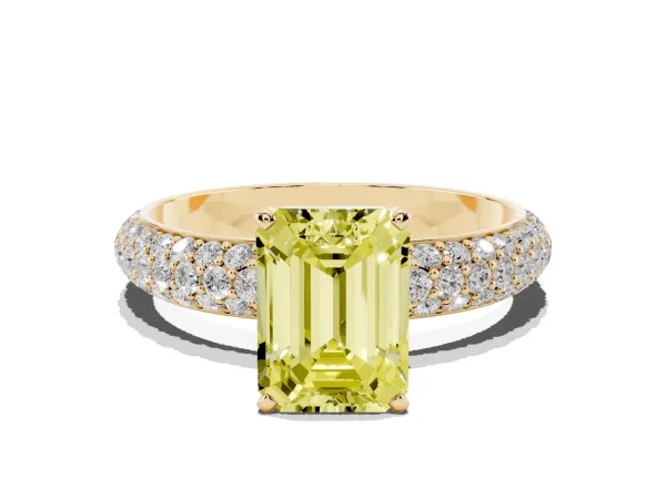 Fancy Yellow Emerald Cut Diamond Solitaire Ring with Prong Setting and Pavé Band Yellow gold