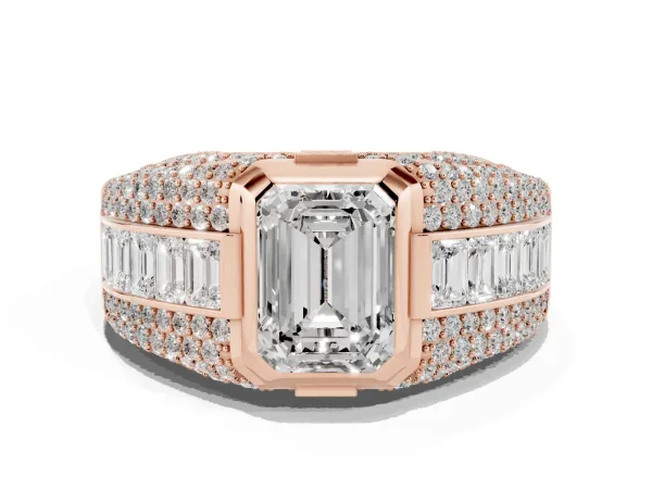 Emerald Cut Diamond Mens Ring with Side Stones Rose gold