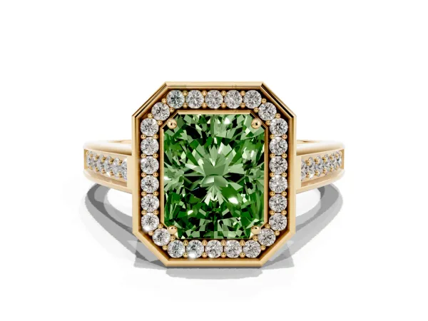 Fancy Green Radiant Cut Halo Solitaire Diamond Ring with Pave Band and Bezel Setting Yellow gold