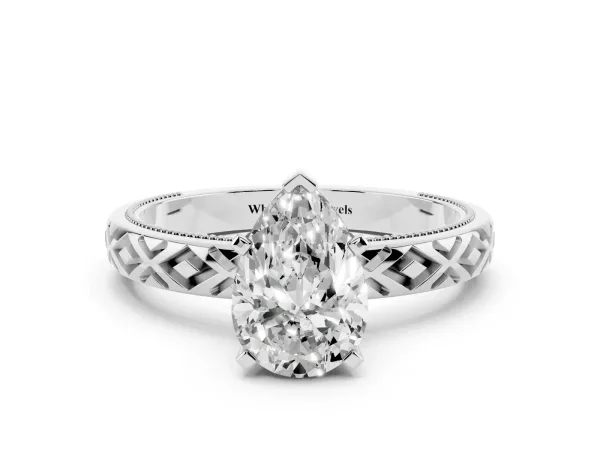 Pear Cut Solitaire Diamond Ring with Milgrain and Black Enamel X Pattern Band Platinum