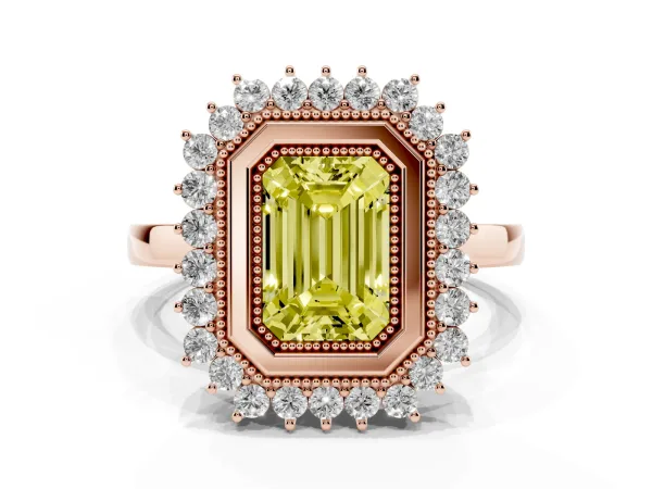 Fancy Yellow Emerald Cut Halo Diamond Ring with Milgrain Edge and Round Prong Setting Rose gold